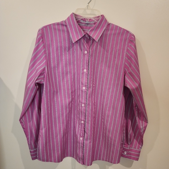 FOXCROFT Button Front Pink White Blue Striped Collard Shirt Wrinkle Resisted Sz8 - Picture 1 of 16